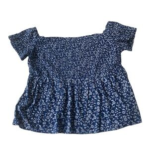 Old Navy Blue White Floral Smocked Off Shoulder Top Empire Waist Short Size XXL